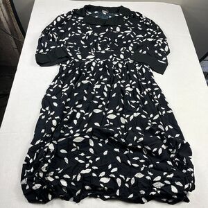 Vintage Go Fish Dress XXL Black White Leaf Print Short Sleeve Full Skirt Boho